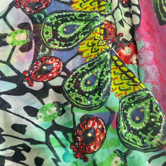 Vibrant Multicolor V-neck Kaftan Dress with rhinestones. One size. Sheer - Picture 9 of 10